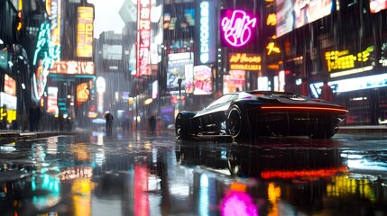 Poster - A sleek futuristic car navigates a rain soaked city street with the reflections of neon signs glimmering in the puddles below  The scene creates a moody atmospheric vision of a modern