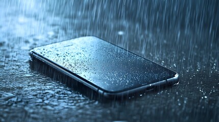 Poster - A smartphone resting in the rain perfectly dry under an invisible barrier symbolizing its advanced water resistant technology in a clean minimal studio setup