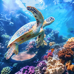 Sea turtle swimming over a colorful coral reef