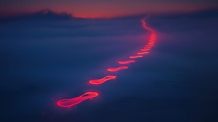 Poster - A trail of glowing footprints leading into the fog disappearing into the unseen future symbolizing the captivating mystery of the unknown