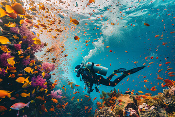 Beautiful diver goes on an underwater adventure in frighteningly deep sea