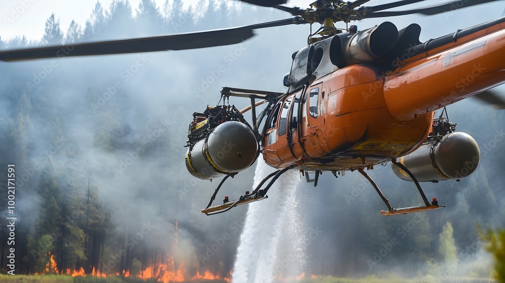 Aerial view of firefighting helicopters refilling their water tanks ...