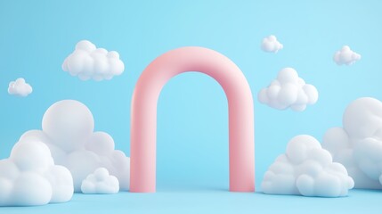 Poster - a soft pink arch stands among fluffy white clouds against a serene blue background in a whimsical di