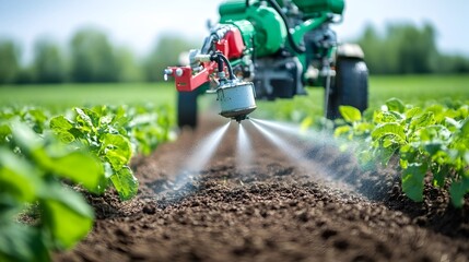Poster - Automated irrigation system spraying water over a lush farmland showcasing the latest technology for efficient and sustainable crop cultivation