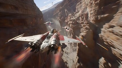 Poster - Breathtaking aerial footage captures fighter jets engaged in a high speed dogfight weaving through the narrow walls of a rugged canyon  The races to track their daring turns and intense maneuvers