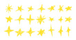 © A_Y_N - Set of gold chalk drawing stars. Shine or sparkle doodle collection. Children style yellow wax pencil handdrawing elements of night sky. Crayon scratch grunge texture star shapes. Vector illustration
