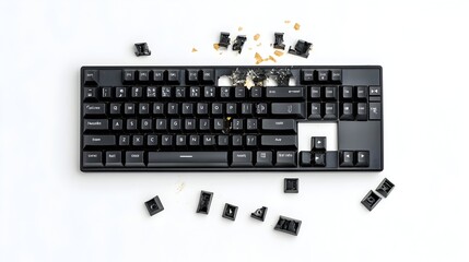 Poster - Broken and Cracked Keyboard Isolated on White Backdrop   Damaged and Dysfunctional Office Technology Device
