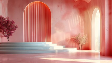 Modern dais geometric forms in pastel tones clean background and smooth texture for luxury skincare product presentations