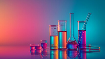 glass beakers and test tubes filled with colorful liquids on a reflective surface illuminated by vib
