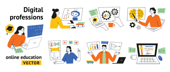 Vector illustration set on digital professions and online education in flat cartoon style. Characters learning technology, training for programming, AI, web design, courses on data science, coding