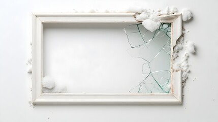 Poster - Broken and shattered glass window frame hanging loosely isolated on a plain white background  The damaged and deteriorating architectural element creates an abstract minimalistic