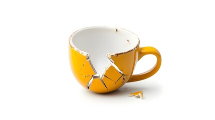 Poster - Broken ceramic coffee cup with cracks and splatter isolated on a clean white background  Conceptual image of a smashed or damaged beverage container