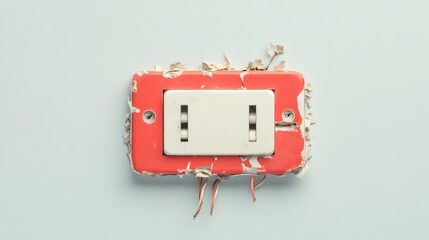 Aufkleber - Broken light switch with cracked cover and exposed wires isolated on a clean white background  Electrical device malfunction home repair and safety hazard concept