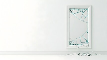Poster - Broken Window Frame with Shattered Glass Hanging Loosely Isolated on Clean White Background  Architectural Fragment Damaged Home Decor Element Abstract Geometric Design and Texture
