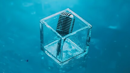Aufkleber - Captivating abstract composition featuring a microphone encased within a glass cube with reflections and refractions creating mesmerizing optical illusions and a modern minimalistic visual aesthetic