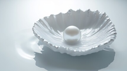 Poster - A single pearl nestled in a delicate white shell resting on a smooth surface illuminated by soft light