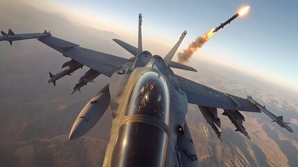 Poster - Captivating aerial action scene of fighter jets engaged in a high speed dogfight with missiles launching mid air showcasing the power and intensity of modern aerial combat