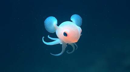 Poster - Captivating close up of a graceful dumbo octopus its ear like fins flapping as it floats through the serene and mysterious depths of the deep ocean