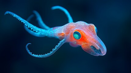 Poster - Captivating close up shot of a vibrant vampire squid its bright red body and ethereal glowing tentacles on full display in the mysterious depths of the ocean