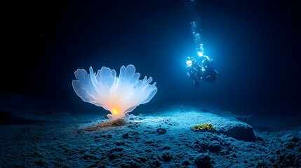 Poster - Captivating close up view of a glowing sea pen swaying its bioluminescent fronds amidst the tranquil deep sea environment showcasing the wondrous and mysterious beauty of marine life