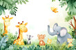© john - Cute cartoon safari zoo with animal frame border on background in watercolor style.