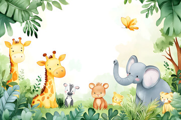 cute cartoon safari zoo with animal frame border on background in watercolor style.