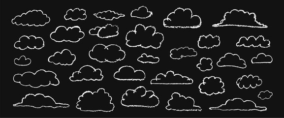 Wall Mural - set of realistic hand chalk drawn fluffy clouds. vector illustration of collection of black eddy on 