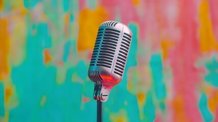 Poster - Captivating Vintage Microphone Suspended in Mid air Against a Colorful Abstract Background Evoking a Sense of Expression and Professional Audio Recording