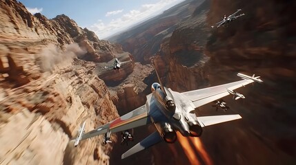 Poster - Captured in a dramatic aerial sequence fighter jets engage in a high speed dogfight as they navigate the narrow confines of a rugged canyon showcasing their incredible agility power