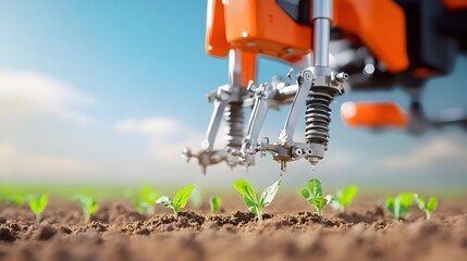 Poster - Close up detailed view of the metal components and mechanism of a precision seeder as it carefully places seeds into the soil
