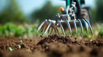Poster - Close up detailed view of the metal tines of an advanced soil tiller machine breaking up and turning over the earth preparing the ground for crop cultivation and planting