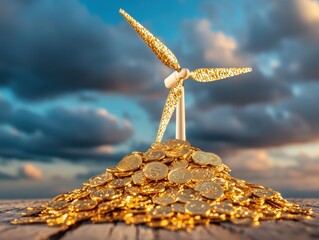 Wall Mural - Sustainable Green Investments Concept with Wind Turbine and Gold Coins Symbolizing Renewable Energy and Financial Growth