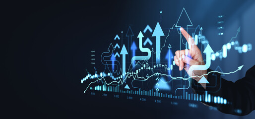 Poster - Hand pointing at financial graphs and arrows on dark background, symbolizing business growth and success.