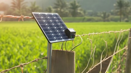 Poster - Close up of a solar powered irrigation controller securely mounted on a farm fence showcasing the of renewable energy and smart technology for optimized agricultural automation and efficiency