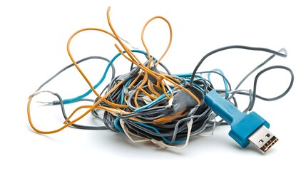 Poster - Close up of a Tangled and Frayed Charging Cable Isolated on a Clean White Background  The Once Functional Electronic Accessory is No Longer Usable