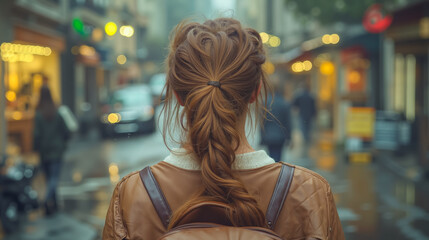 A woman with a backpack walking down the street in the rain