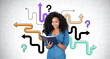 © ImageFlow - African woman take notes, arrows with different direction and choice