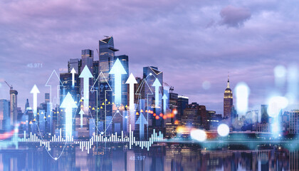 Poster - Cityscape with modern skyscrapers and upward arrows representing financial growth and stock market success. Purple sky background. Concept of business and financial prosperity