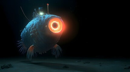Poster - Close up of an anglerfish with its glowing lure illuminating the dark abyssal depths of the ocean revealing its bizarre and menacing features as it lurks and waits to ambush its prey