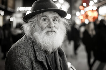 Wall Mural - A man with a long white beard and a hat on a city street