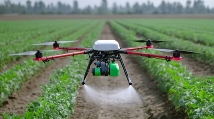 Poster - Close up of an advanced agricultural drone s spraying nozzles dispersing pesticides over a crop field for targeted plant treatment and optimized yield