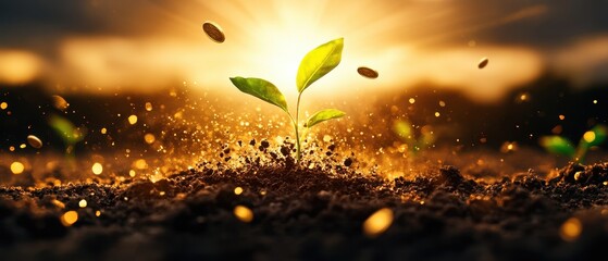 Wall Mural - Growing Green Investments: Sprouting Plant with Coins in Soil Under Golden Sunlight Symbolizing Sustainable Financial Growth