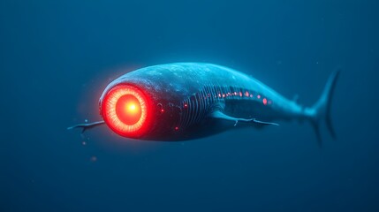 Poster - Close up photograph of a cookiecutter shark s distinctive circular mouth revealing its sharp teeth and bioluminescent glowing belly in the dark ocean environment