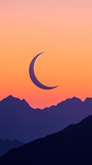 Wall Mural - crescent moon over mountain silhouette at sunset