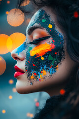 Sticker - A woman with colorful paint on her face and eyes