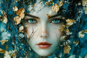 Sticker - A woman with blue eyes surrounded by leaves