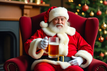 Poster - A man dressed as Santa Claus sitting in a red chair holding a mug of beer