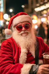 Sticker - A man dressed as Santa Claus holding a glass of beer