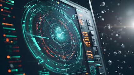 Fototapete - Close up View of a High Tech Radar Display Monitoring and Tracking Space Debris and Objects Orbiting the Earth