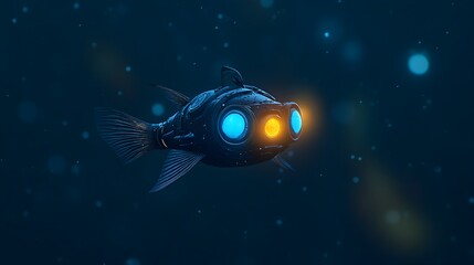 Poster - Close up view of a glowing flashlight fish with luminescent bioluminescent patches beneath its eyes which it uses for communication and signaling in the deep sea environment